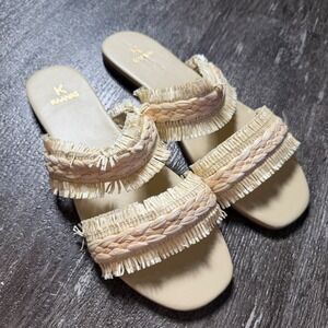 KAANAS Slide Sandals Women 9 Beige Raffia Braided Fringe Flat Summer Boho